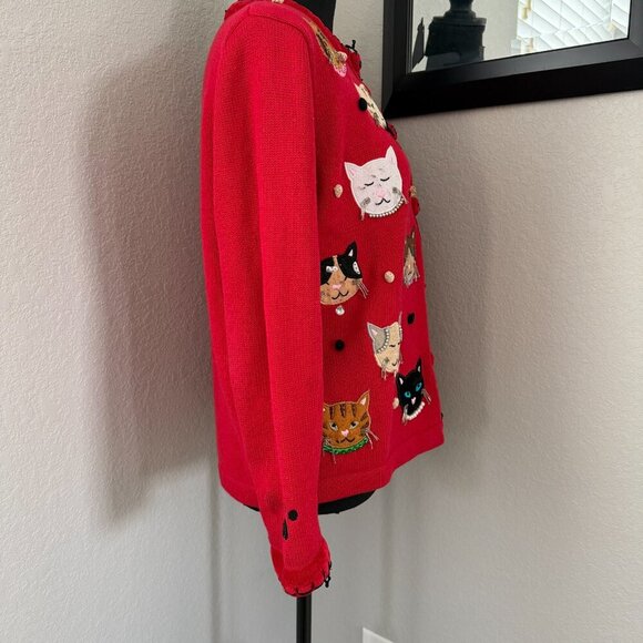 VINTAGE 80s Berek by Takako Sakon Red Cat Cardigan Sweater Medium - Picture 4 of 15